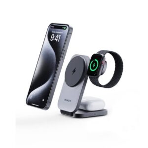 AUKEY 3-in-1 Qi2 Wireless Charger Foldable Magnetic Stand 25W + Wall USB Charger 1 USB-C (30W) Gray